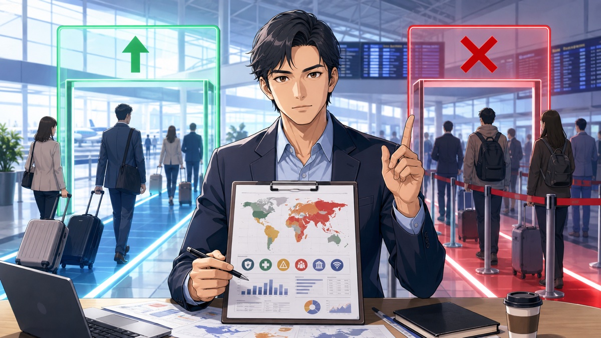 渡航安全政策の明確化を求める成人男性分析官のアニメ風イラスト