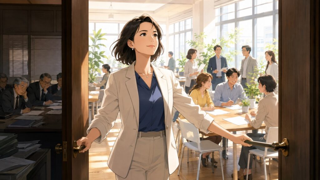 旧来の党運営を刷新する成人女性改革者のアニメ風イラスト