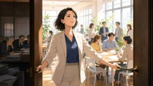 旧来の党運営を刷新する成人女性改革者のアニメ風イラスト