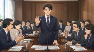 国会で冷静な政策議論を促す成人男性議事進行役のアニメ風イラスト