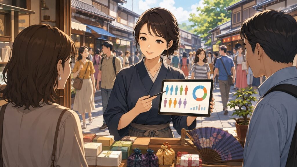 観光客減少報道を冷静に分析する成人女性店主のアニメ風イラスト