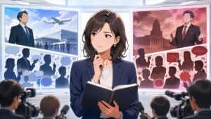 大臣派遣を巡る報道の一貫性を検証する成人女性記者のアニメ風イラスト