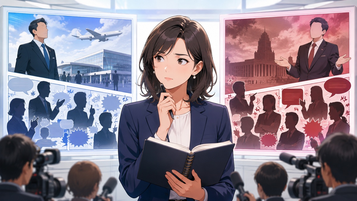 大臣派遣を巡る報道の一貫性を検証する成人女性記者のアニメ風イラスト