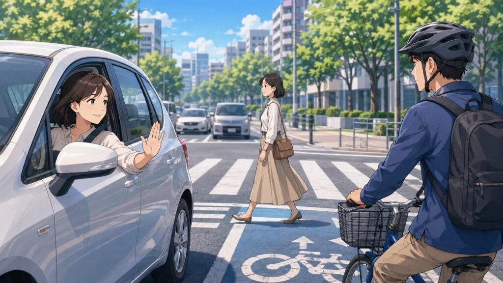 命を守る交通ルールを実践する成人女性運転者のアニメ風イラスト