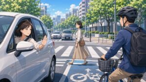 命を守る交通ルールを実践する成人女性運転者のアニメ風イラスト