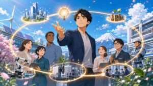 挑戦と責任が循環する産業づくりを進める成人男性起業家のアニメ風イラスト