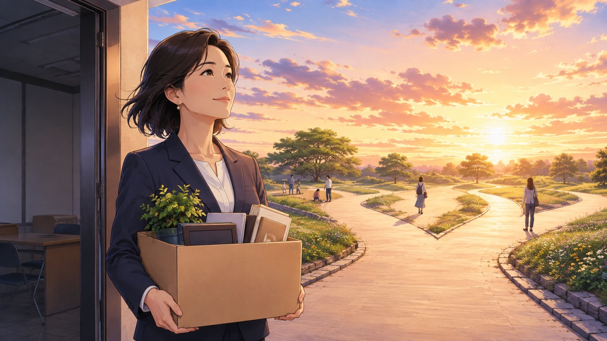 選挙後の新たな進路を考える成人女性元議員のアニメ風イラスト