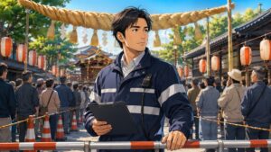 伝統行事の安全対策を確認する成人男性運営責任者のアニメ風イラスト