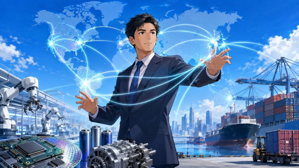 輸出規制に備えて供給網を多角化する成人男性技術者のアニメ風イラスト