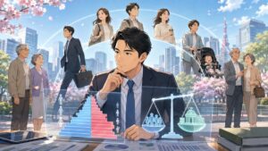 人口の年齢構造と財政を分析する成人男性人口学者のアニメ風イラスト