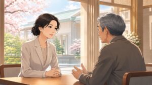 制度を超えた人としての敬意を示す成人女性研究者のアニメ風イラスト