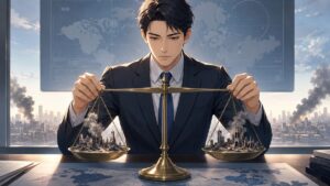 複数の戦争を同じ基準で比較する成人男性外交官のアニメ風イラスト