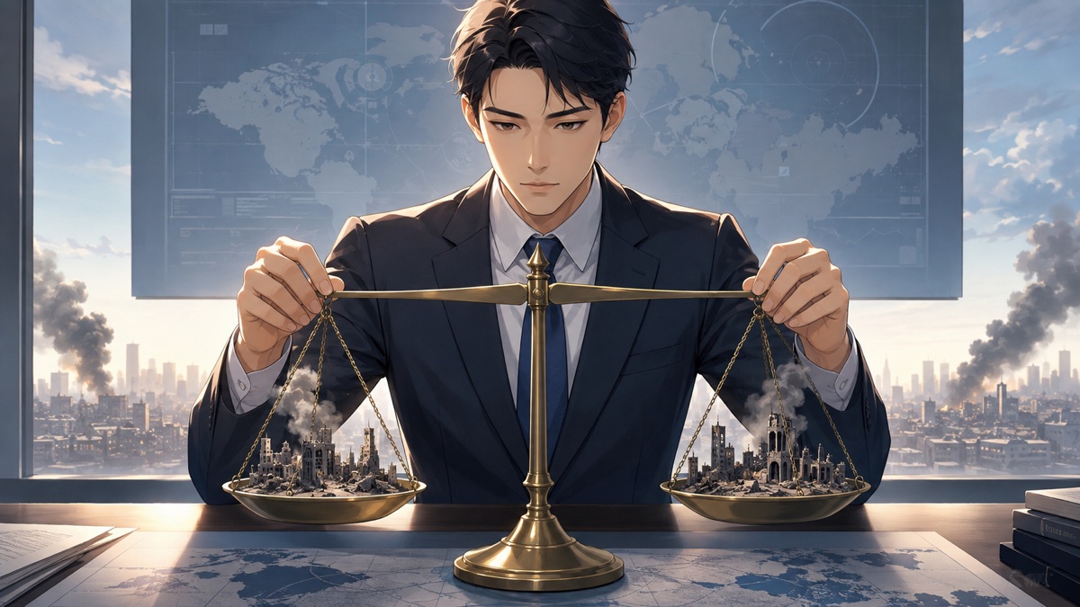 複数の戦争を同じ基準で比較する成人男性外交官のアニメ風イラスト