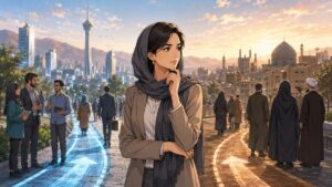 イランの経済と若い世代の未来を考える成人女性経済学者のアニメ風イラスト