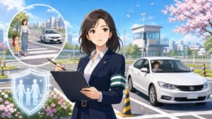 外免切替と事故被害者保護を考える成人女性交通安全担当者のアニメ風イラスト