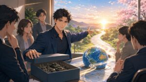 戦争の出口戦略を考える成人男性のアニメ風イラスト