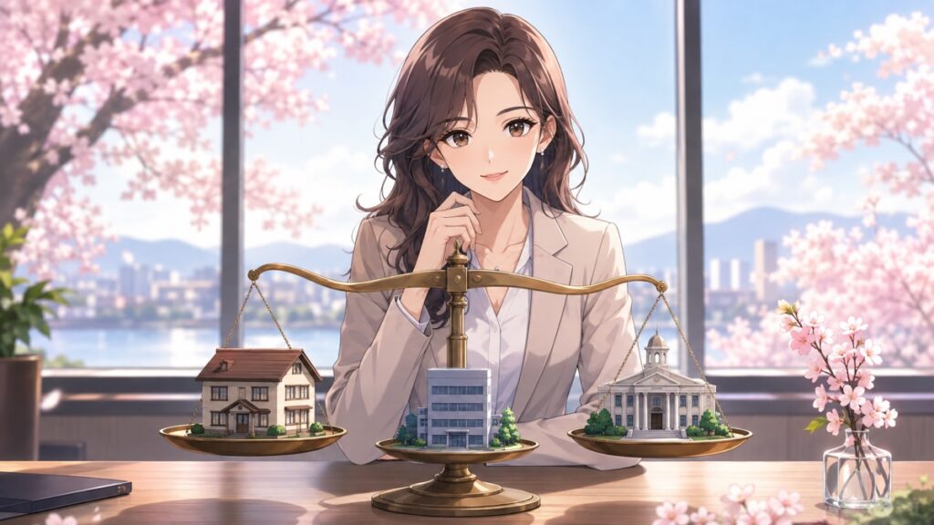 宗教法人を含む公平な課税基準を考える成人女性税理士のアニメ風イラスト