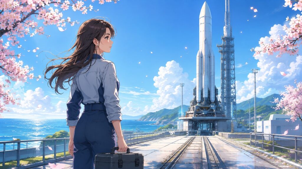ロケット開発の再挑戦を誓う成人女性技術者のアニメ風イラスト