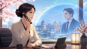 民間施設保護と沈静化を協議する成人女性外交官のアニメ風イラスト