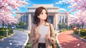政党の公約と進路を見極める成人女性有権者のアニメ風イラスト