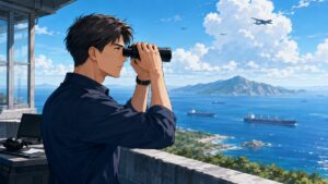 台湾海峡の緊張を注視する成人男性分析官のアニメ風イラスト