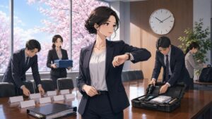 不測の事態に備えて会議を運営する成人女性責任者のアニメ風イラスト