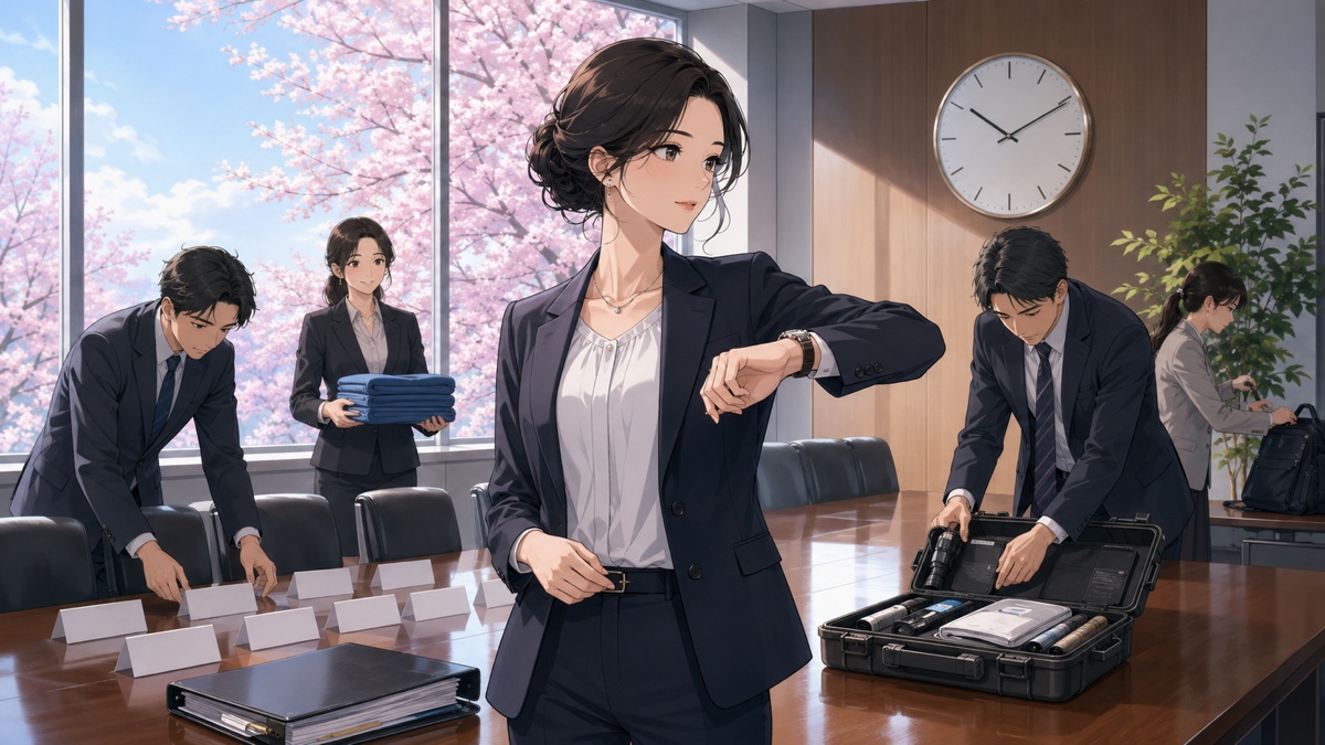 不測の事態に備えて会議を運営する成人女性責任者のアニメ風イラスト