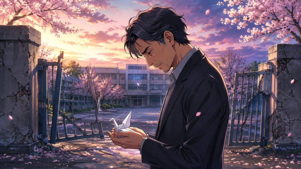学校攻撃の犠牲を悼み白い折り鶴を手にする成人男性のアニメ風イラスト