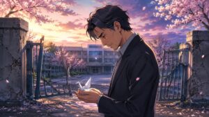 学校攻撃の犠牲を悼み白い折り鶴を手にする成人男性のアニメ風イラスト