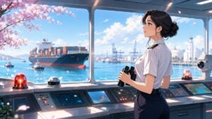 停泊船の安全対策を確認する成人女性担当者のアニメ風イラスト