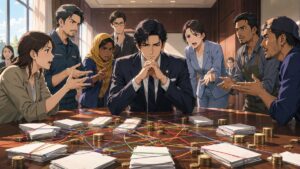 移民政策の利権と政治責任を問う成人市民のアニメ風イラスト
