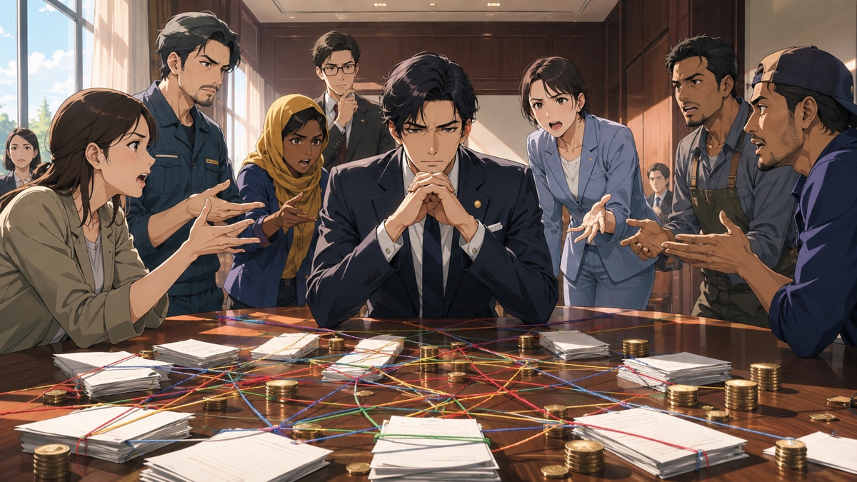 移民政策の利権と政治責任を問う成人市民のアニメ風イラスト