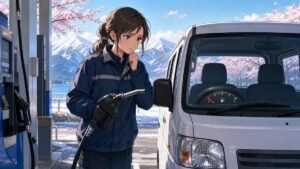 ガソリン価格急騰に困る成人女性配送業者のアニメ風イラスト