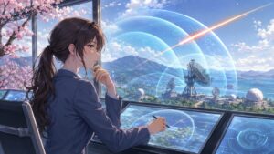 迎撃防衛の限界を分析する成人女性技術者のアニメ風イラスト