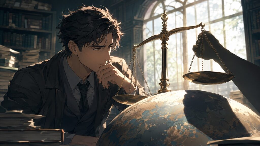勝利と正義の関係を考える成人男性研究者のアニメ風イラスト
