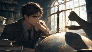 勝利と正義の関係を考える成人男性研究者のアニメ風イラスト