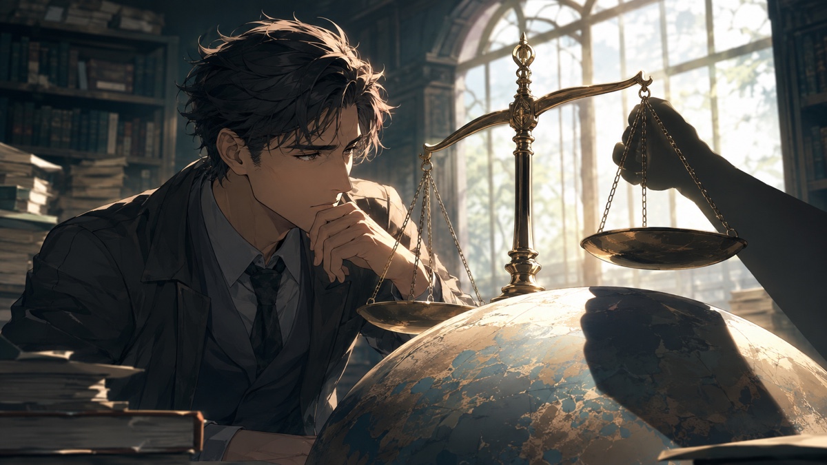 勝利と正義の関係を考える成人男性研究者のアニメ風イラスト