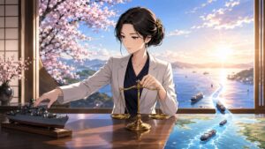国際法と平和的な対応を選ぶ成人女性外交官のアニメ風イラスト