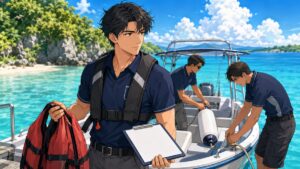 沖縄の海で小型船の安全確認を行う成人男性のアニメ風イラスト