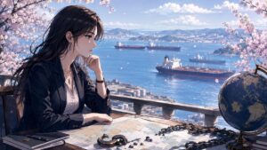 海峡の安全と同盟国の責任を考える成人女性分析官のアニメ風イラスト