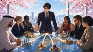 米国依存を見直し多角的な協力を考える成人男性外交官のアニメ風イラスト
