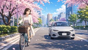 自転車を安全な間隔で追い越す車のアニメ風イラスト