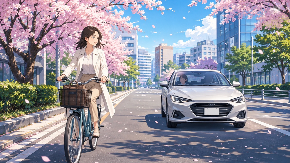 自転車を安全な間隔で追い越す車のアニメ風イラスト