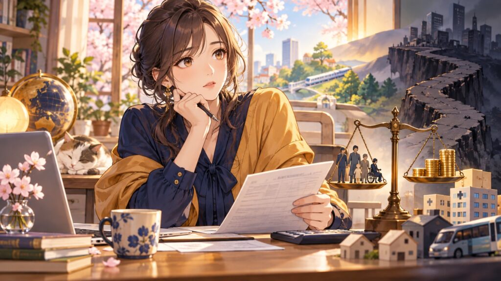 「このままどんどん貧困国まっしぐらの自公政権で良いのですか、自問しましょう」を題材にした架空の成人人物のアニメ風イラスト