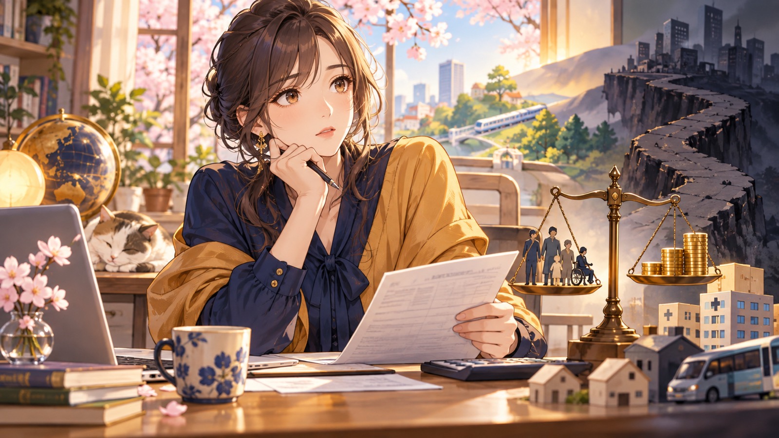 「このままどんどん貧困国まっしぐらの自公政権で良いのですか、自問しましょう」を題材にした架空の成人人物のアニメ風イラスト