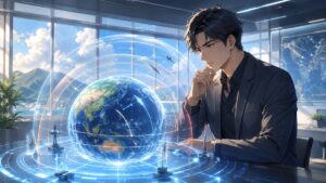 長距離ミサイルと抑止力を分析する成人男性研究者のアニメ風イラスト