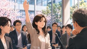 大学で責任ある言論を求める成人女性学生のアニメ風イラスト