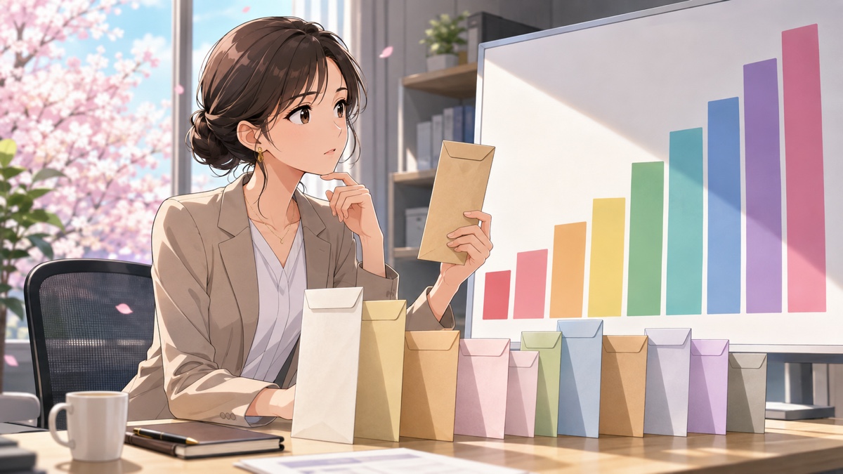平均賃金と実感の差を考える成人女性会社員のアニメ風イラスト
