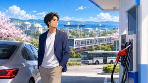 燃料高騰と資源戦略を考える成人男性のアニメ風イラスト