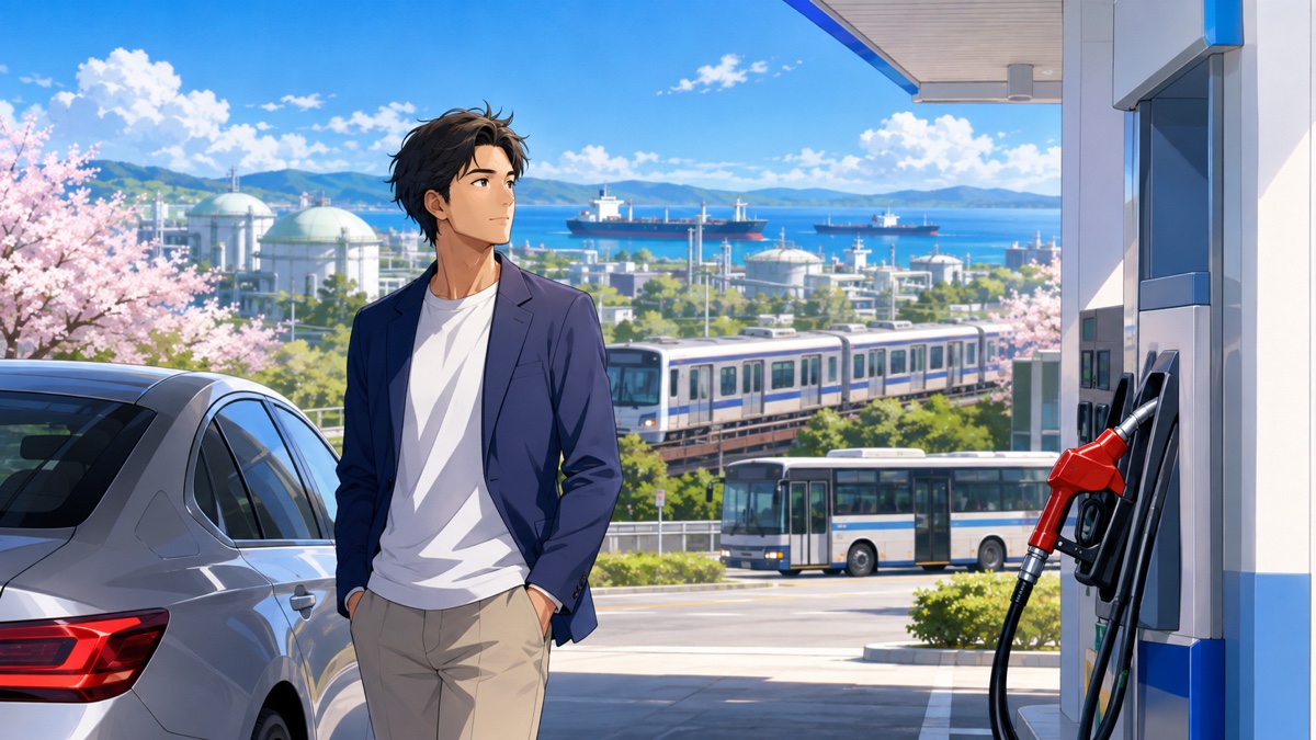 燃料高騰と資源戦略を考える成人男性のアニメ風イラスト